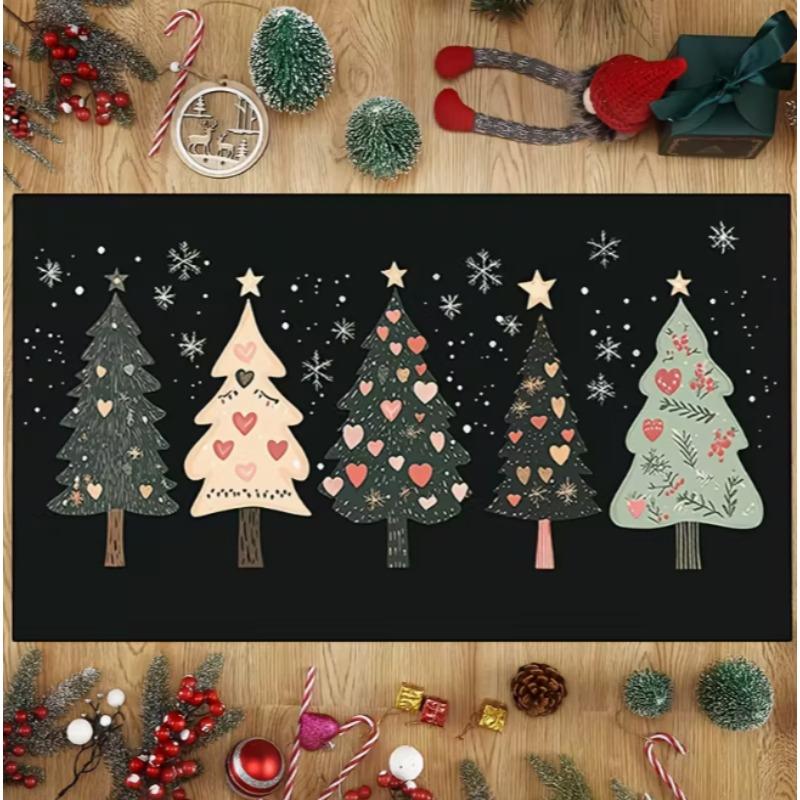 Black Background Doormat With Five Love Trees Dancing In The Sky A Snowflake Christmas Mat Carpet Creative Mat Home Decoration