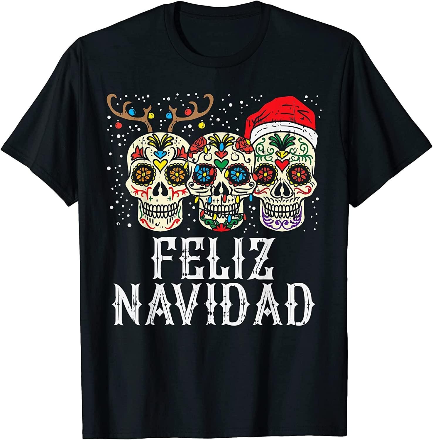 NEW LIMITED! Feliz Navidad Sugar Skulls Reindeer Santa Mexican Tee - MADE IN USA XXL