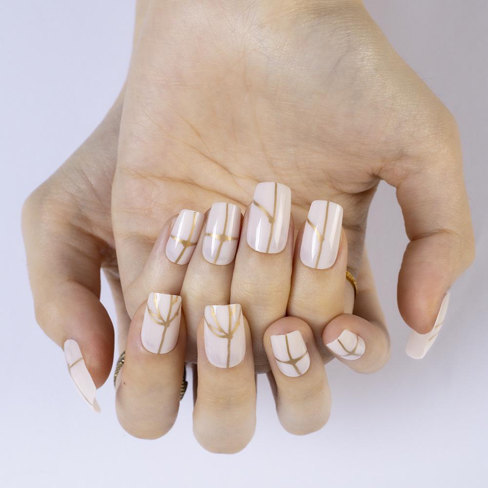 Korean Style Gold Line Nude Nail Art Tips - Wearable Artistic Line Stickers