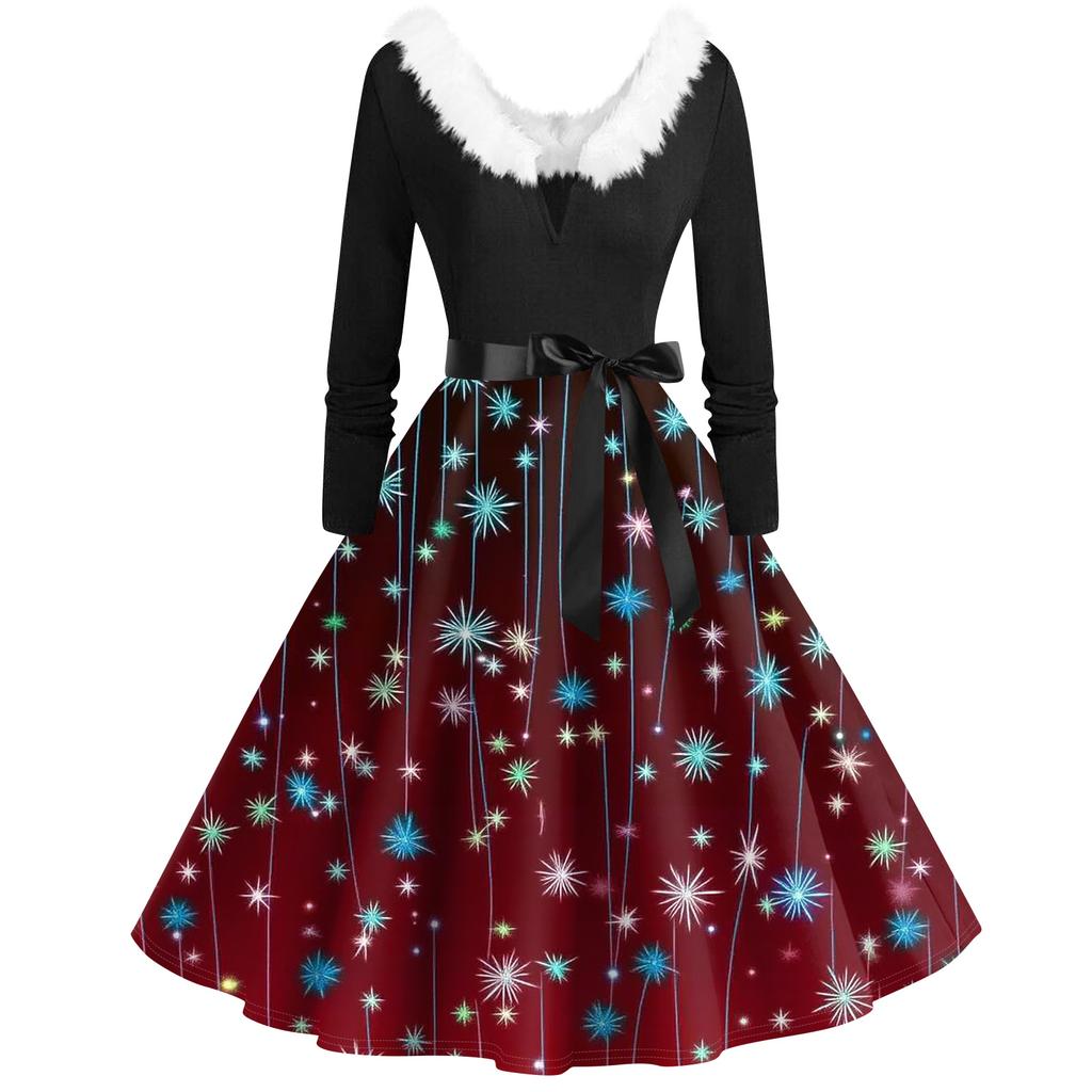 Women's Fashion V-Neck Casual Slim Christmas Printed Long Sleeve Hair Collar Dresses