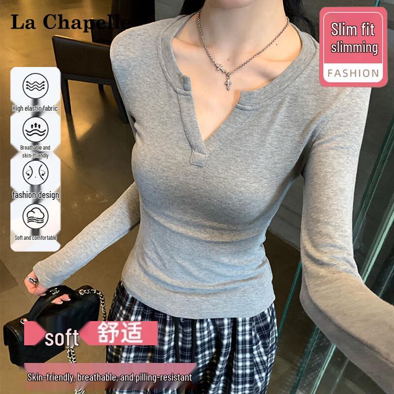 La Chapelle Women s V-Neck Long Sleeve Slim Fit T-Shirt L