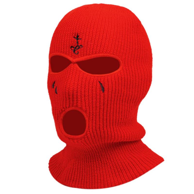 Cross Embroidery Ski Mask Winter Balaclava Hat 3-Hole Knitted Full Face Cover Neck Gaiter Warm Beanie For Outdoor Sport