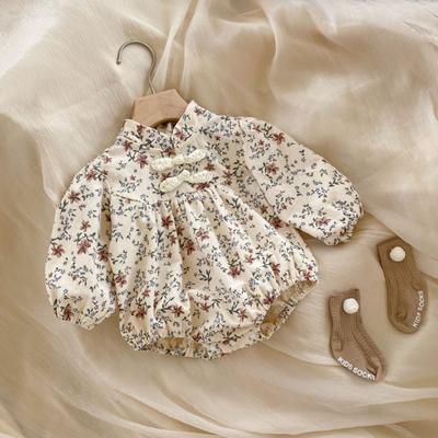 Autumn New Baby Girl's Floral Cheongsam Collar Long-sleeved Loose All-in-one Climbing Suit