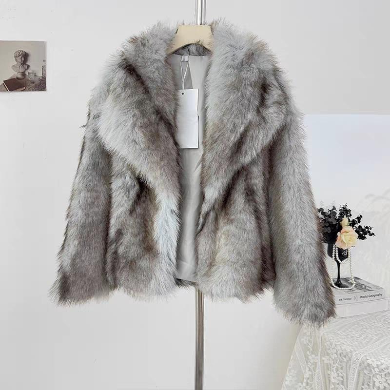 Cappotto da Donna in Eco Pelliccia di Volpe Collo Ampio Spesso Caldo Morbido Peluche Giacca Corta Larga Lusso Capo Invernale