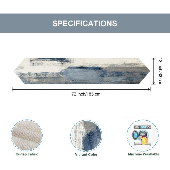 Blue and Grey Table Runner 13x72 Inch Modern Abstract Art Painting Kitchen Dinning Table Decoration for Home Party Décor