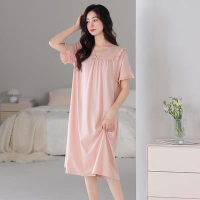 Women's Summer Court Style Lace Pajama Dress, Pure Cotton, Short Sleeve, Plus Size, Mid-Length, Wearable Outdoors, High-End Feel