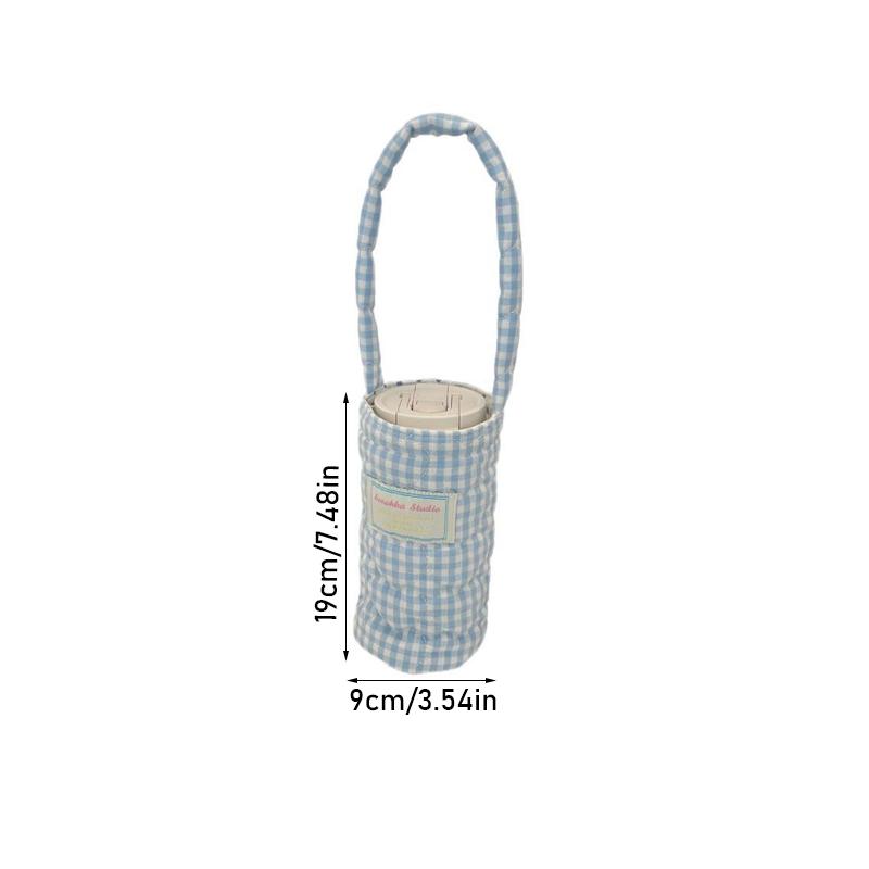 Cotton Fabric Water Bottle Protective Cover Heart Embroidery Plaid Design Fabric Cup Sleeve Pouch With Handle