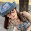 Korean Version Sticker Bear Denim Bucket Hat Women's Spring and Summer Retro Big Brim Mountaineering Hat Showing Face Small Sunshade Sunscreen Hat