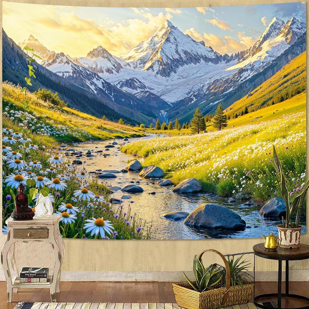 Nature Mountain Tapestry Daisy Flower Yellow Meadow Tapestry for Bedroom Aesthetic Sunlit Valley Snowy Stream Landscape Small