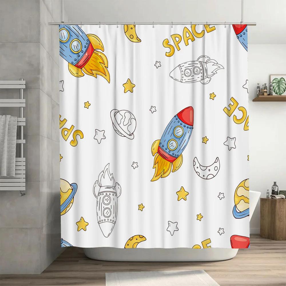 Space-Themed Shower Curtain Set Featuring Rockets And Planets For Kids' Bathrooms White Background With Colorful Designs