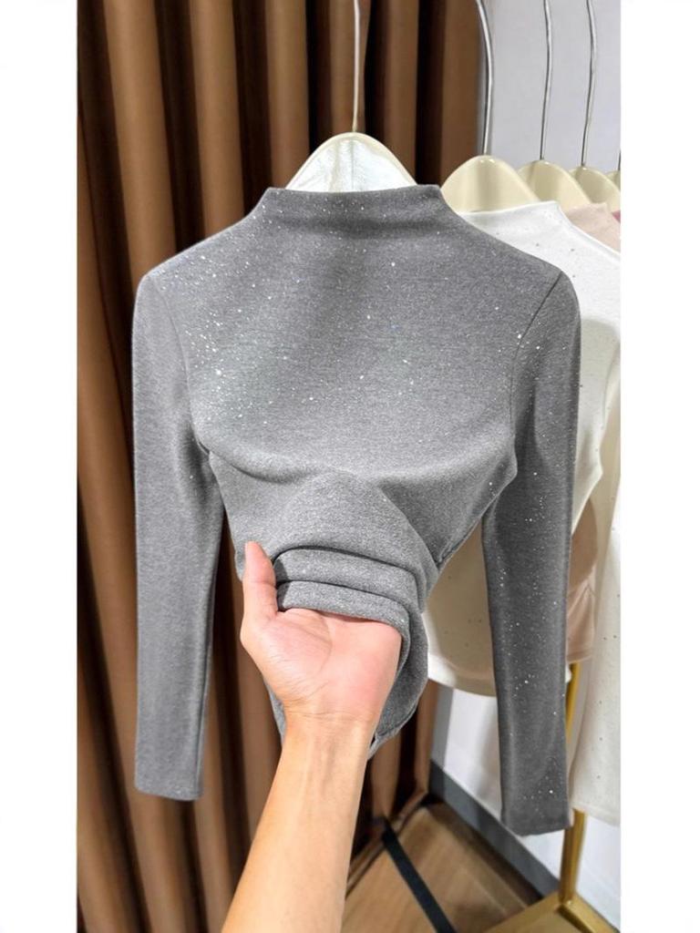 Women's Black Thermal Fleece Slimming Long-Sleeve Top with Half-High Neck - Stylish Base Layer for Autumn/Winter