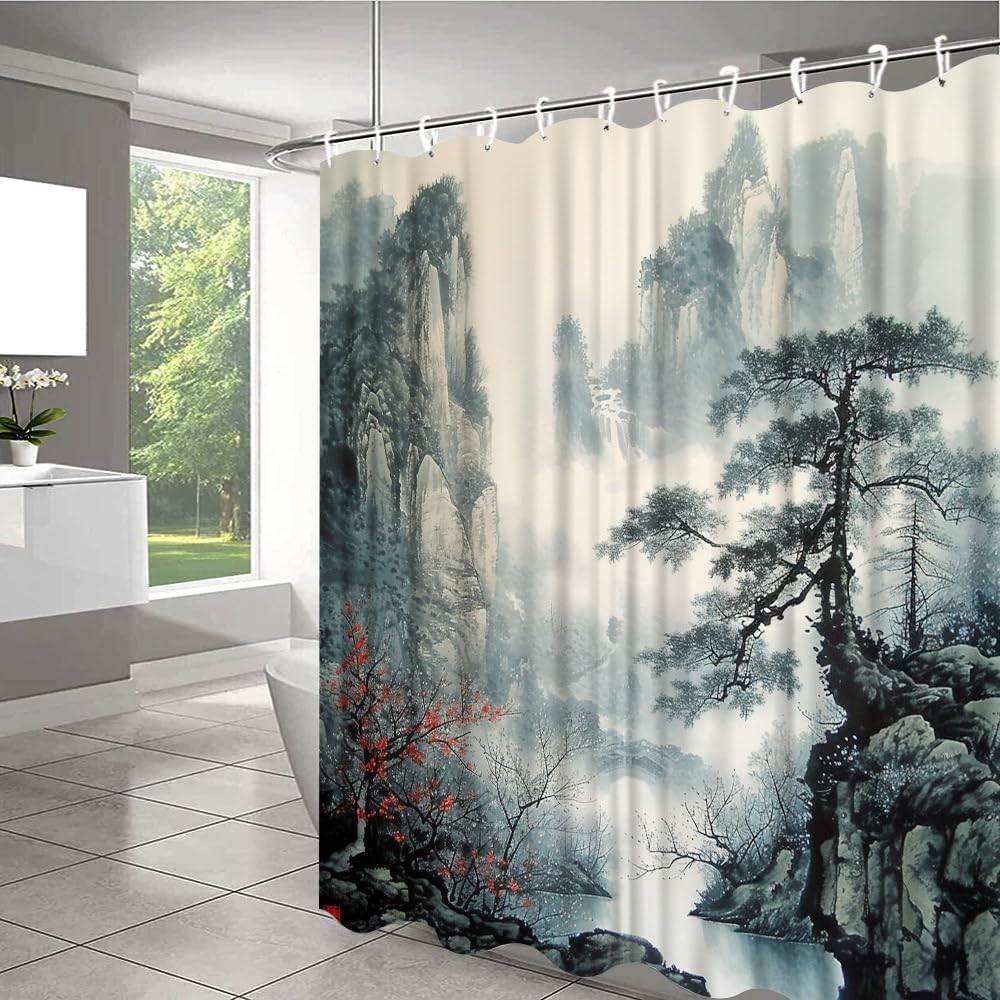 Asian Scenic Shower Curtain Chinese Japanese Landscape Black Mountain And Pine Tree Ink Painting Bathroom Decor Set With Hooks