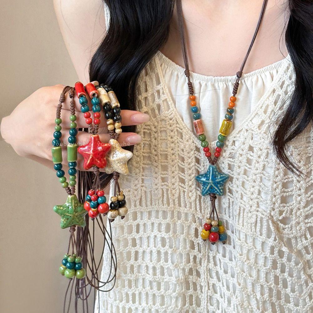 Ceramic Ethnic Style Necklace Colorful Beads Bohemian Style Necklace Girls Gifts