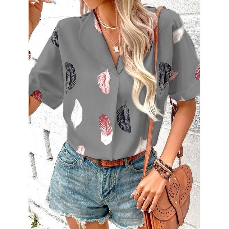 Fashion Feather Print Blouse Lapel Women s Top Summer Casual Elegant Short Sleeve Loose Shirt S серый