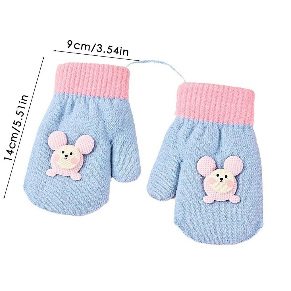 Baby Winter Gloves Cute Cartoon Thick Plush Knitted Mittens Outdoor Cold-proof Kids Boys Girls Full Finger Gloves With Ropes