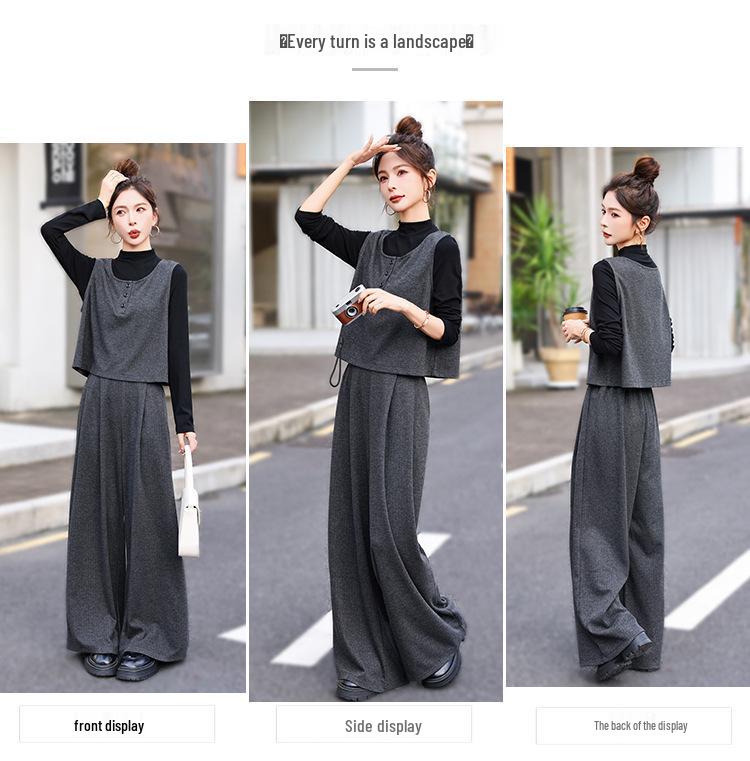 2026 Spring Women's Trendy Three-Piece Set: Stylish Top, Vest & Wide-Leg Pants
