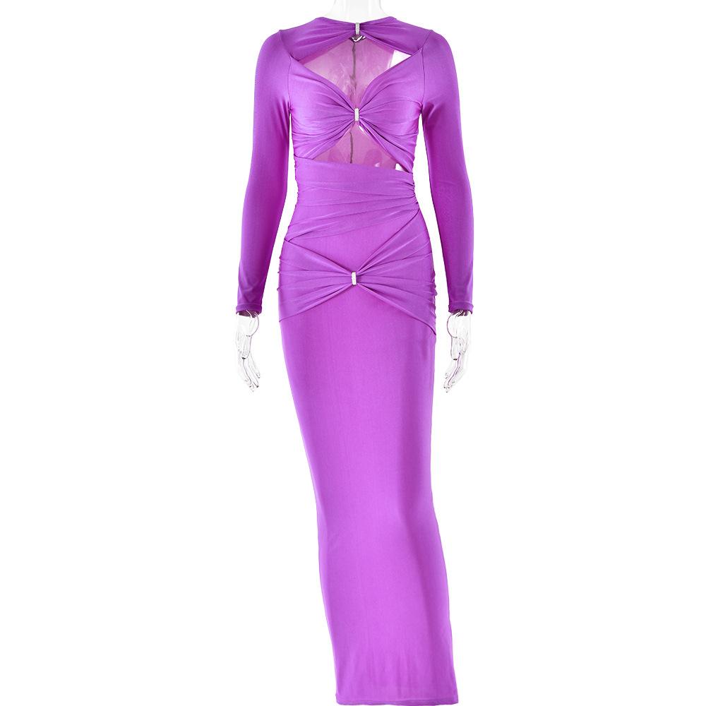 Women's Crew Neck Long Sleeve Maxi Dress Slim High Waist Sexy Solid Cutout Rhinestone Summer Dress
