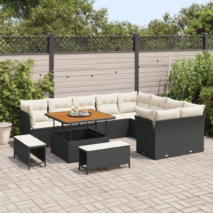 Ensemble de Canapé de Jardin de 12 Pièces avec Coussins en Rattan Poly Noir Acacia, Ensemble de Salle à Manger de Jardin 3361515