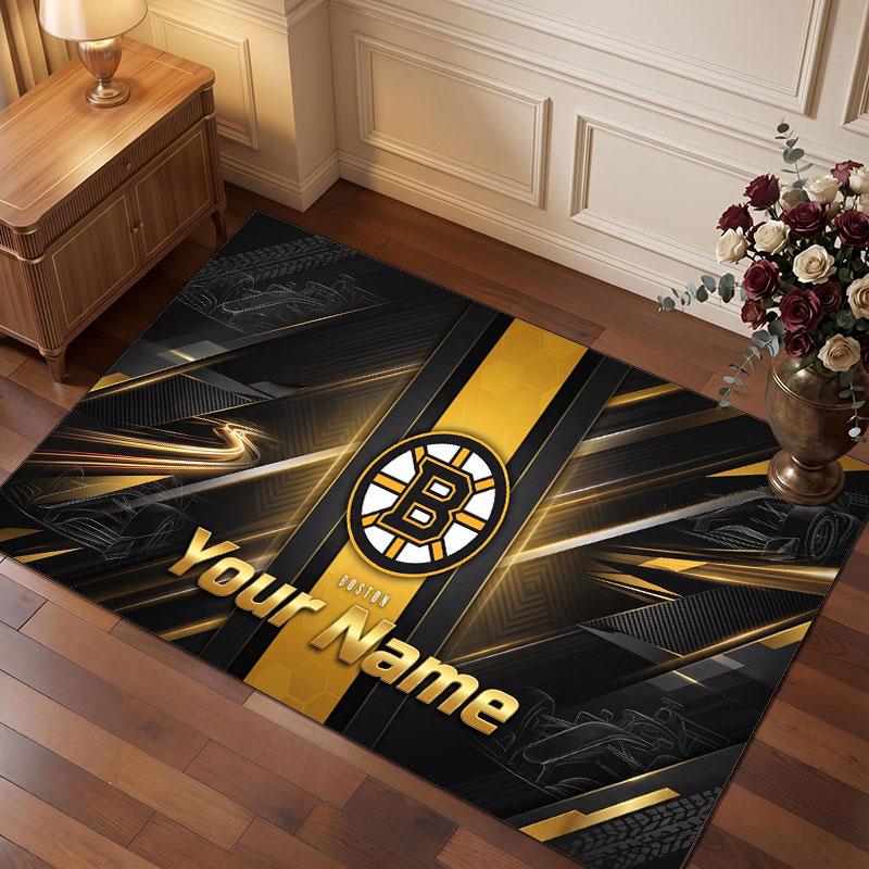 Tappeto in Cristallo Vellutato Personalizzato Boston Bruins, Tappeto Morbido Antiscivolo con Testo Nome Personalizzato per Soggiorno Camera da Letto