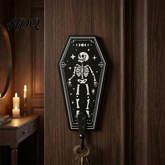 Gotischer Stil Wandaufbewahrung Halloween Holz Haken mit Mond Stern Skelett Mustern Dekorativer Retro Schlüsselhalter für Künstlerisches Holz Eingangsbereich Flur