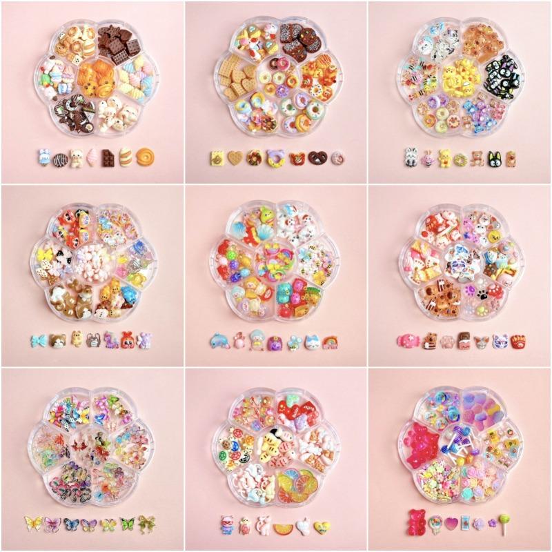 1Box Mixed Cute Simulated Dessert Candy Butterfly Nail Art Decorations 3D Resin Cartoon Cat Fish Bear Nail Charms Supplies