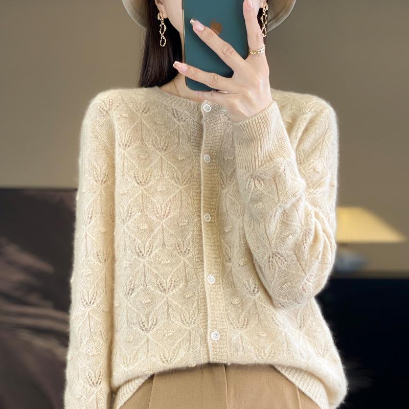 Women's Round Neck Long Sleeve Wool Cardigan - Hollow Jacquard Knit Sweater Jacket