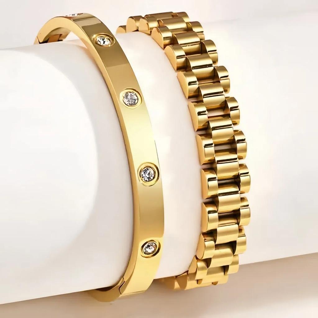 2PCS French Style Stainless Steel Women's Wrist Bracelet, High-quality Shiny Zircon 18K Gold-plated Non Fading Jewelry Gift