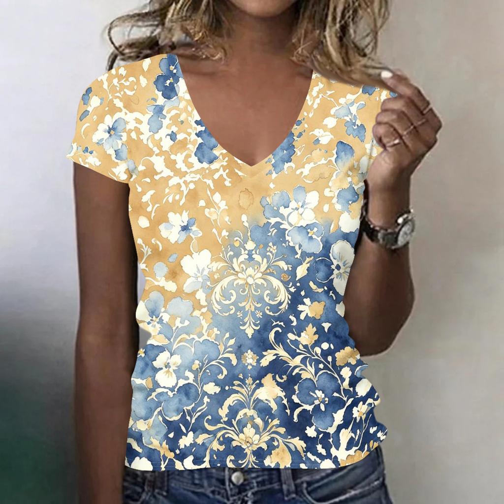 Women’s Casual V Neck Short Sleeve T Shirt with Floral Print Relaxed Fit Lightweight Top for Everyday Wear