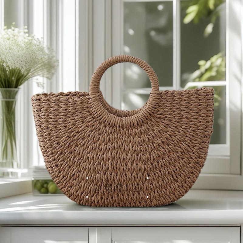 Grand Sac Tote Tissé Sac à Main à Une Épaule Matériau Paille Taille Moyenne Poignée Ronde Sac de Plage Sac de Transport Décontracté