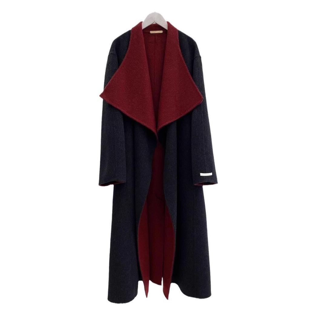 Black and Red Color Matching Elongated Large Lapel Double-sided Wool Coat Lazy Simple Temperament Belt Long Autumn and Winter Women