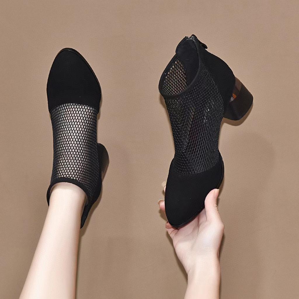 Pointed high heels 2024 spring and summer mesh single shoes black sheepskin mesh shoes women's shoes European and American style zipper Roman shoes
