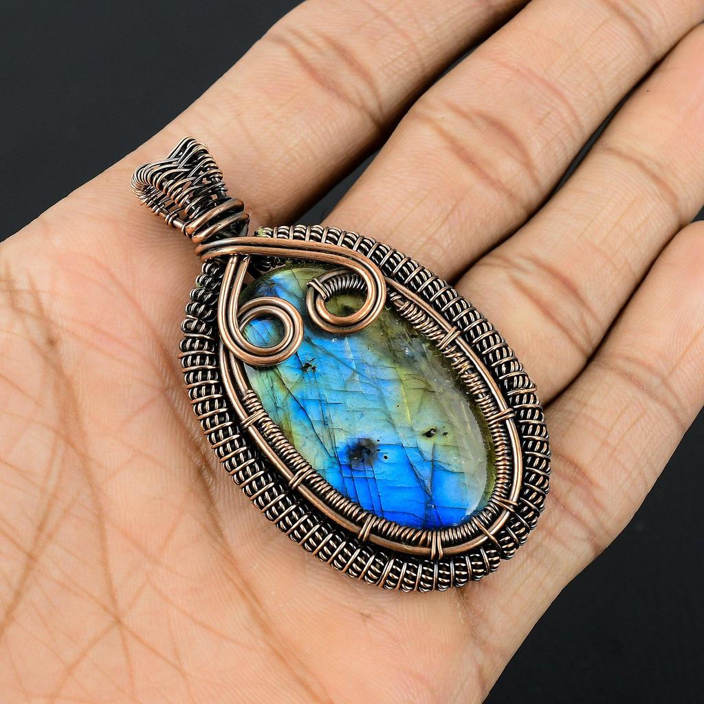 Labradorite Pendant, Handmade Gemstone 999 Copper Wire Wrapped Pendant Antique Jewelry, For Gift Silver Jewelry