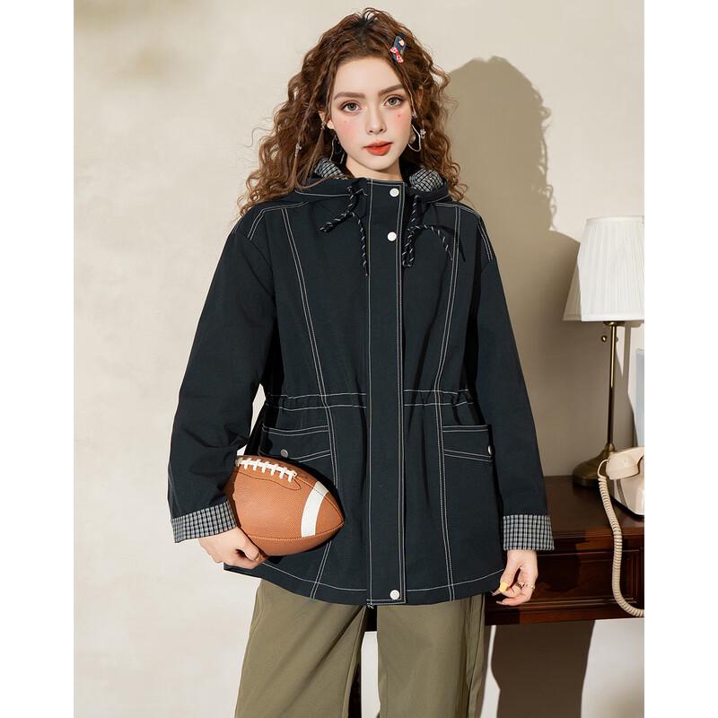ET BOITE Women's Hooded Trench Coat with Color-Block Detail