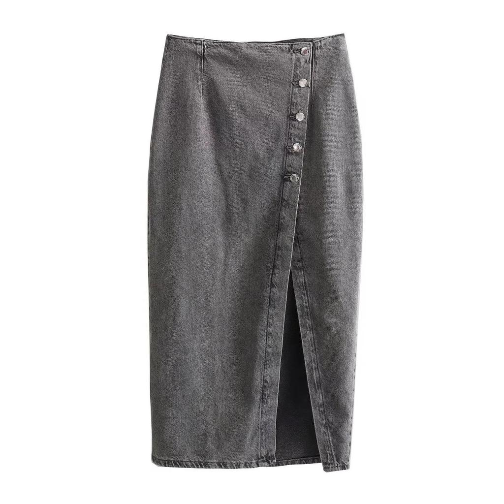Women's European & American Short Denim Vest + Double Lapel Midi Skirt Set