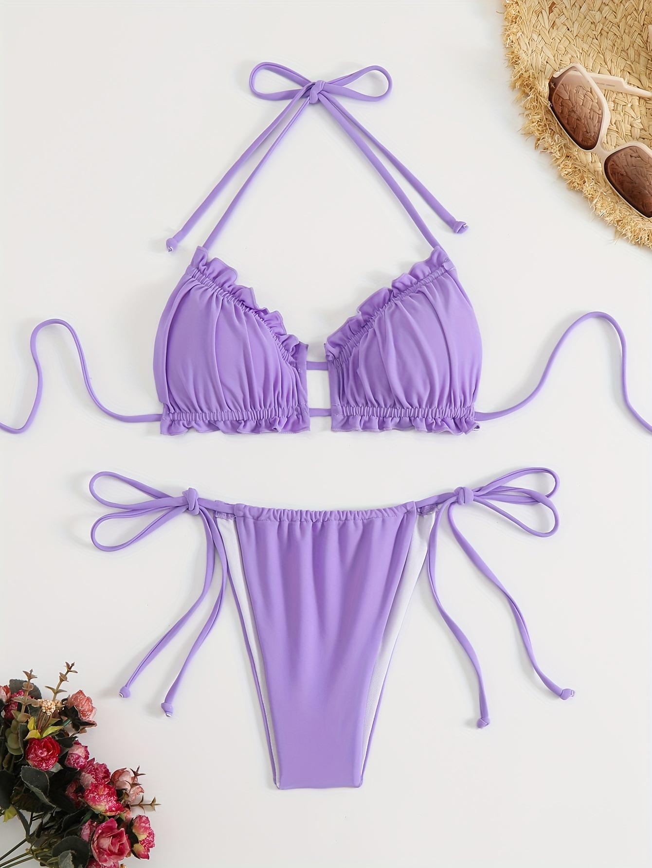 

2025 High Elastic Fabric Lace-up Triangle Bikini - Sexy European & American Swimwear for Women XL лаванды фиолетового