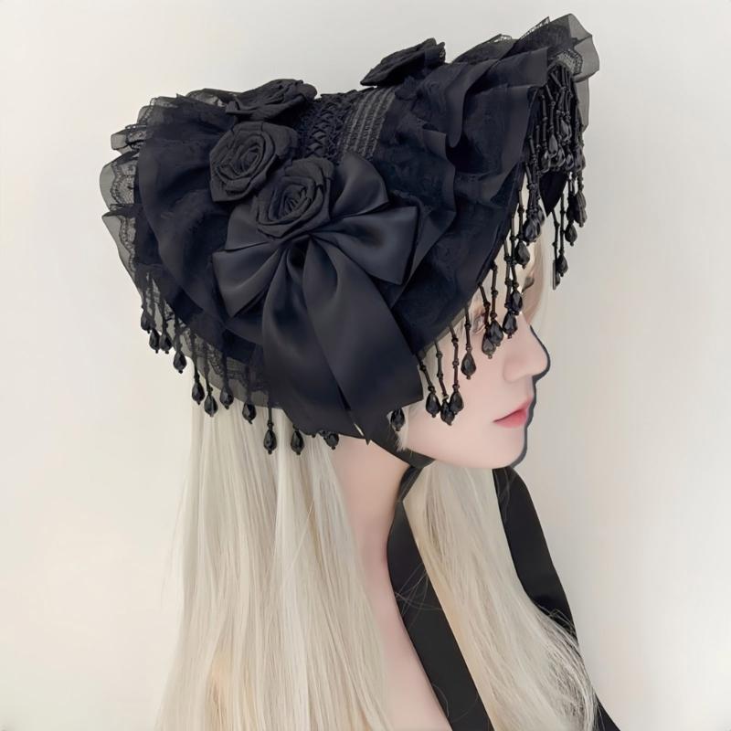 Elegant Gothic Widows Hat Handmade Lace Detailing Perfect for Cosplay Costume Accessories Stage Performances
