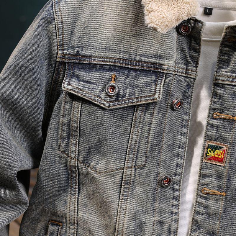 Men's Retro Winter Denim Jacket with Lambswool Lining - Trendy, Handsome, and Warm Cotton Outerwear