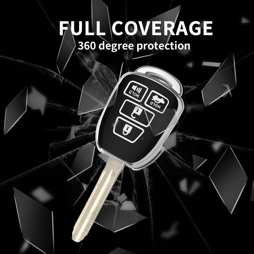 Key Fob Cover for Toyota with Metal Key Chain, Silver Edge Soft TPU Key Fob Shell Case for 2012- Camry Corolla Tacoma, Black