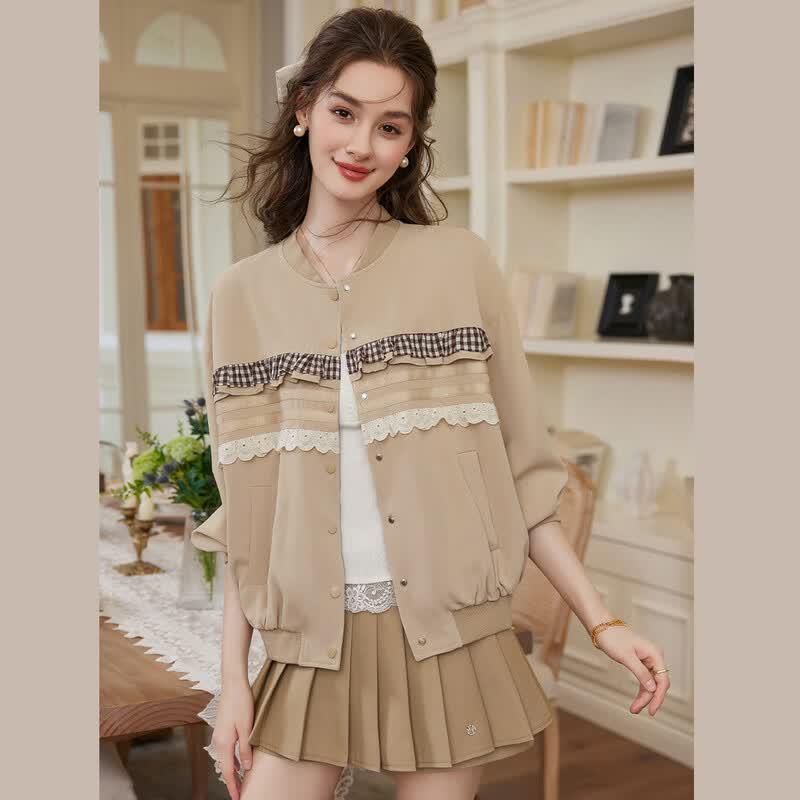 Bailuyu Women s Color-Block Plaid Baseball Cardigan Jacket XL