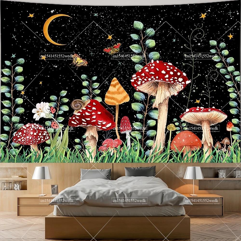 Mushroom Tapestry Moon Star Tapestries Butterfly Snail Frog Tapestrys Aesthetic Room Decor Starry Night Green Plant Tapastrys