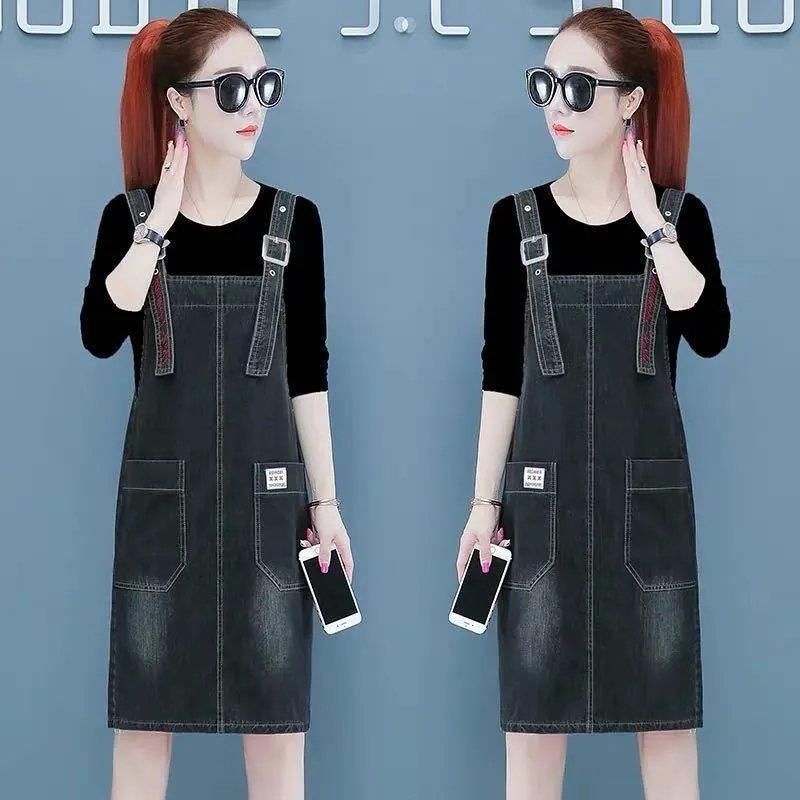 Letnia luźna sukienka Plus-Size Sukienka Średnia długa sukienka na ramiączkach Kieszeń bez rękawów Modna sukienka dżinsowa Plus rozmiar