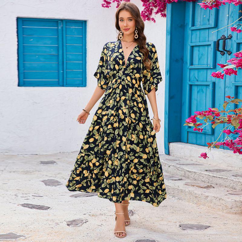 

Fashion Summer Batwing Sleeve V-neck Waist-Slimming Long Dress Beach Holiday Dress Navy blue S