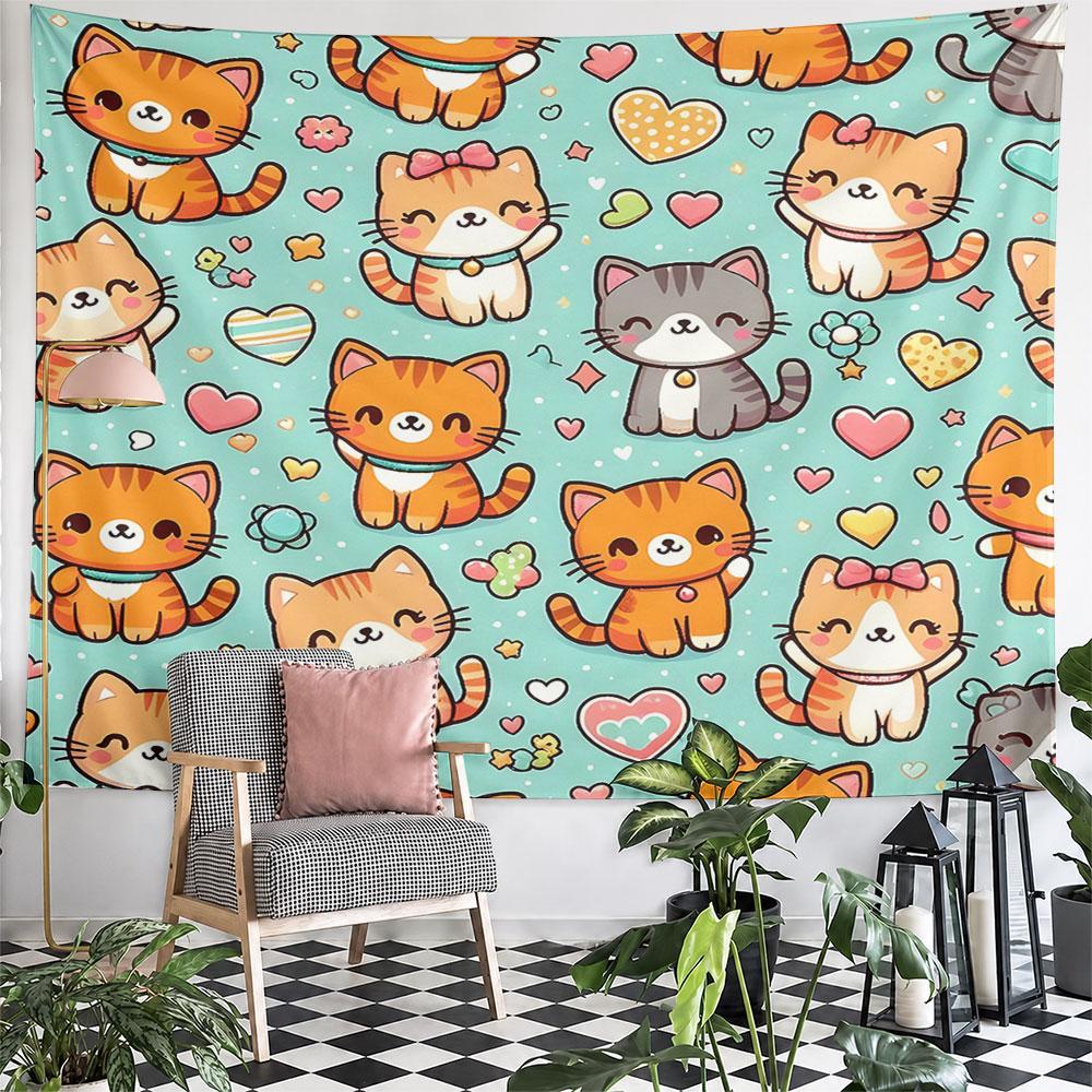 Cute Cartoon Cats with Hearts Pattern Pattern Wall Hanging Tapestry Decorative Tapestry Home Decor for Bedroom and Living Room