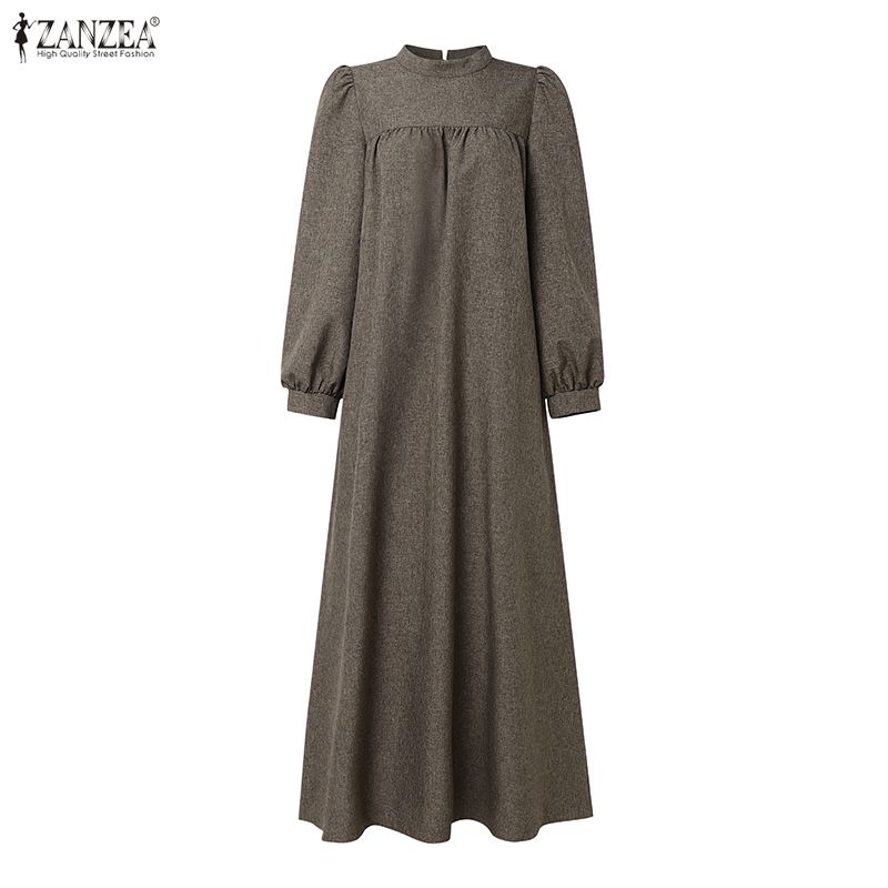 ZANZEA Vestido Casual de Manga Larga de Color Sólido con Cuello Alto para Mujer