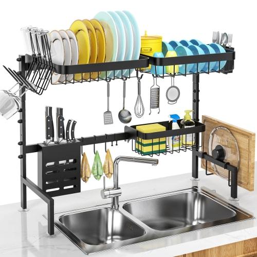 MERRYBOX Large Capacity Dish Drainer, 2-Tier, Horizontal Storage, Rust-Proof, Space-Saving Dish Rack, Kitchen Storage Shelf, Dish Drying, Large Dish S