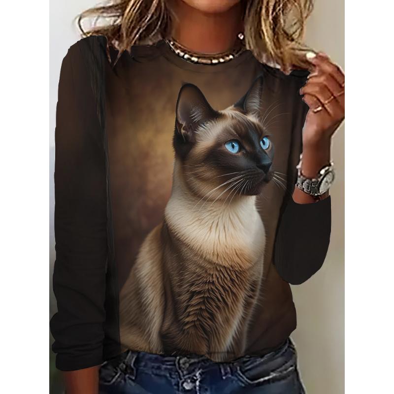 Fall Women's Long Sleeve T-Shirt Cute Cat Print Street Casual Crew Neck Pullover Oversized Clothing Outdoor T Shirts