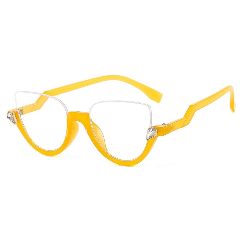 Herren Damen Trendige Halbrahmen Cat Eye Brille Modisch Leichte Freizeitbrille Diamantbesetzt Retro Flacher Spiegel