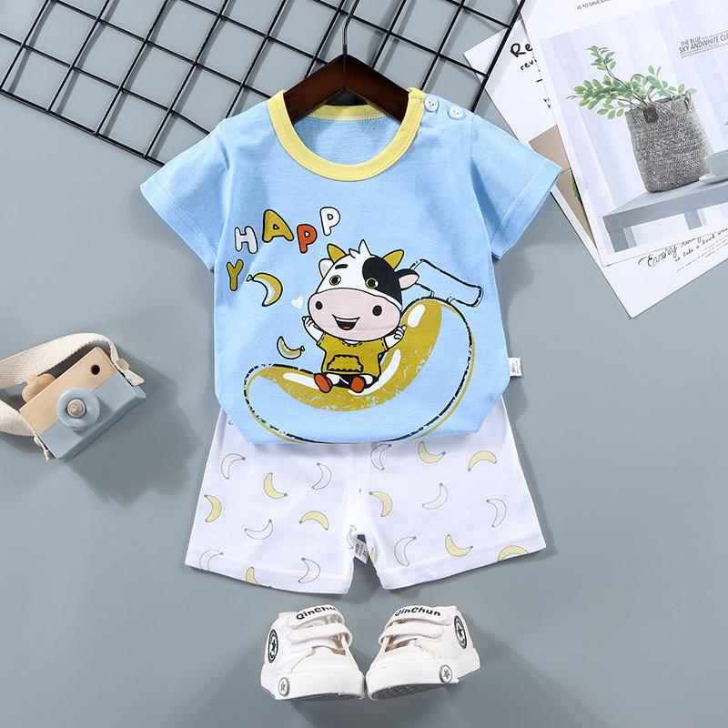 Set de pantaloni de tricou cu mânecă scurtă pentru copii de vară, cu mânecă scurtă, 2 bucăți, largi, din bumbac, ținută de desene animate