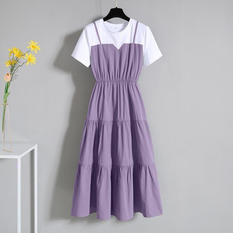 Fashion Strap Fake Two Piece Dress Block Summer Short Sleeved Dress Women's Waist Tight Dress