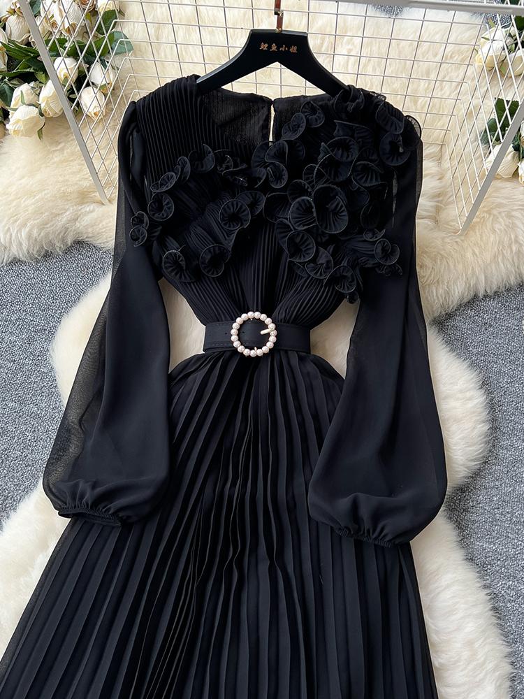 Vestido Elegante de Moda Primavera Outono para Mulheres Novo Francês Borda Cogumelo Crimpado Solto Chiffon Manga Longa Vestido Longo